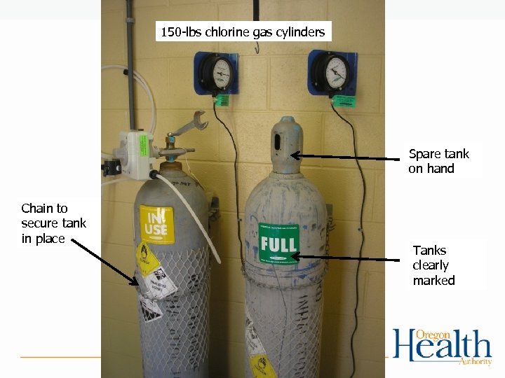 150 -lbs chlorine gas cylinders Spare tank on hand Chain to secure tank in