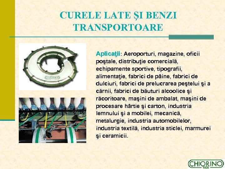 CURELE LATE ŞI BENZI TRANSPORTOARE Aplicaţii: Aeroporturi, magazine, oficii poştale, distribuţie comercială, echipamente sportive,