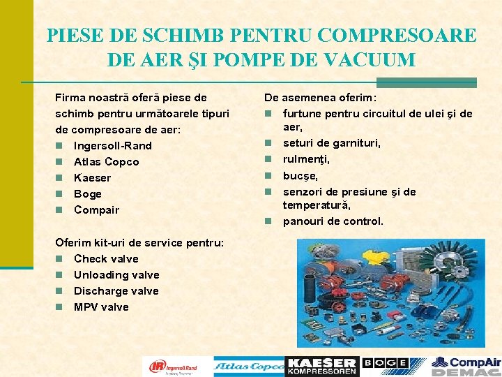 PIESE DE SCHIMB PENTRU COMPRESOARE DE AER ŞI POMPE DE VACUUM Firma noastră oferă