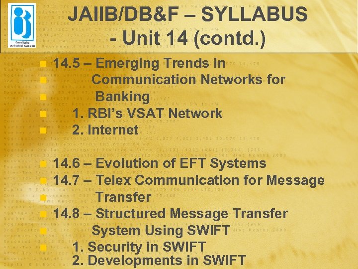 JAIIB/DB&F – SYLLABUS - Unit 14 (contd. ) n n n 14. 5 –