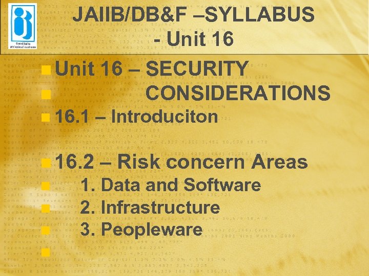 JAIIB/DB&F –SYLLABUS - Unit 16 n Unit 16 – SECURITY n CONSIDERATIONS n 16.