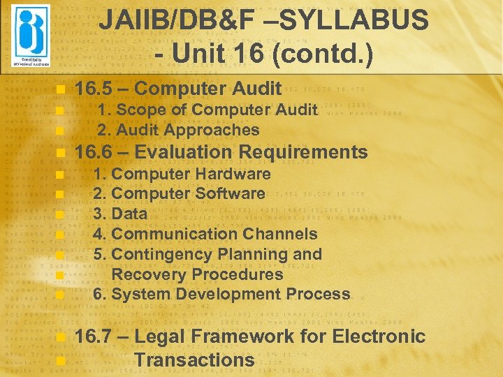 JAIIB/DB&F –SYLLABUS - Unit 16 (contd. ) n n n 16. 5 – Computer