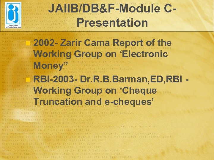 JAIIB/DB&F-Module CPresentation 2002 - Zarir Cama Report of the Working Group on ‘Electronic Money”
