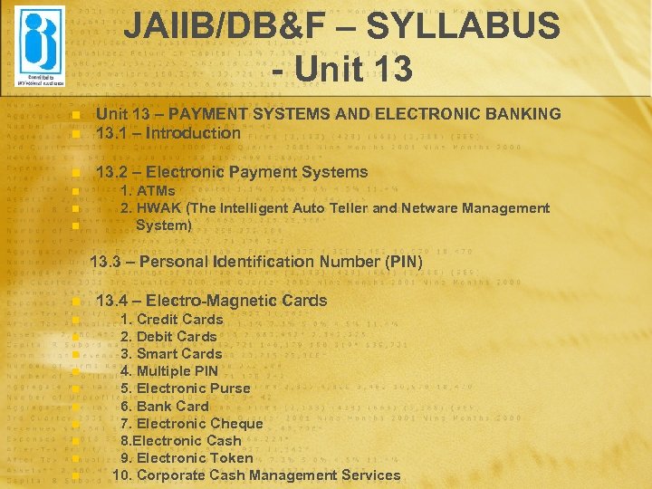 JAIIB/DB&F – SYLLABUS - Unit 13 n Unit 13 – PAYMENT SYSTEMS AND ELECTRONIC