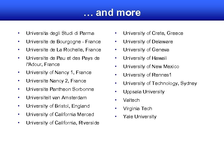 … and more • Universita degli Studi di Parma • University of Crete, Greece