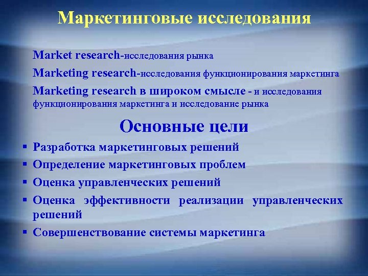 Маркетинговые исследования Market research-исследования рынка Marketing research-исследования функционирования маркетинга Marketing research в широком смысле