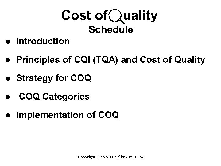 Cost of uality Schedule l Introduction l Principles of CQI (TQA) and Cost of