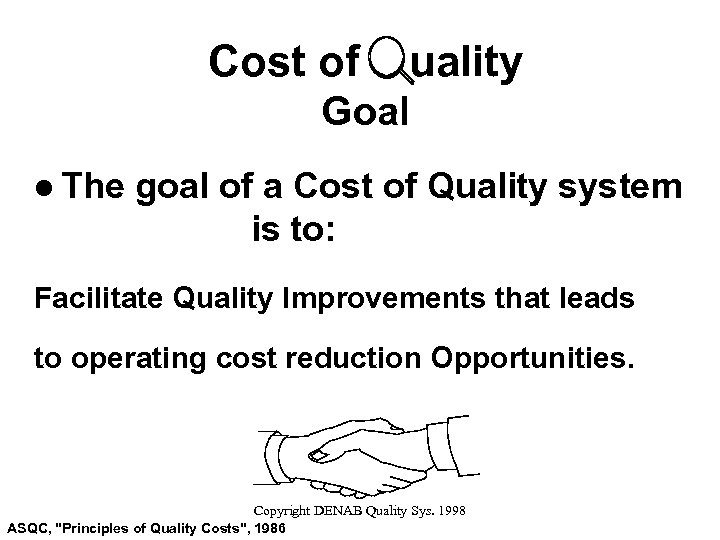 Cost of uality Goal l The goal of a Cost of Quality system is