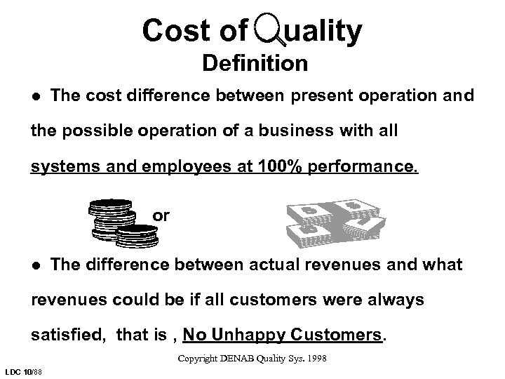 Cost of uality Definition l The cost difference between present operation and the possible