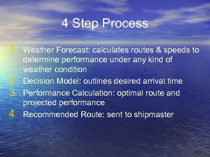 4 Step Process 1. Weather Forecast: calculates routes & speeds to 2. 3. 4.