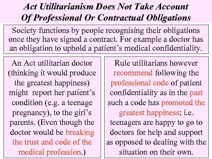 Act Utilitarianism Does Not Take Account Of Professional Or Contractual Obligations Society functions by