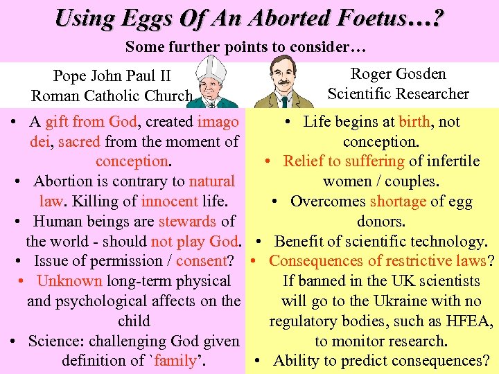 Using Eggs Of An Aborted Foetus…? Some further points to consider… Pope John Paul