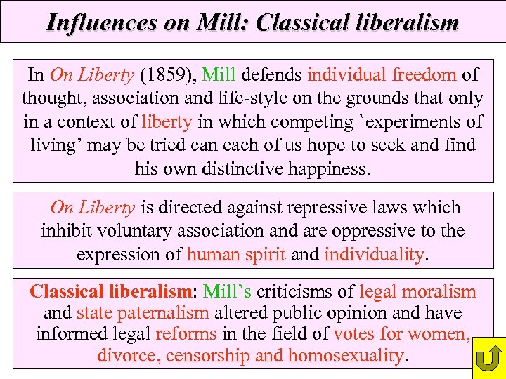 Influences on Mill: Classical liberalism In On Liberty (1859), Mill defends individual freedom of