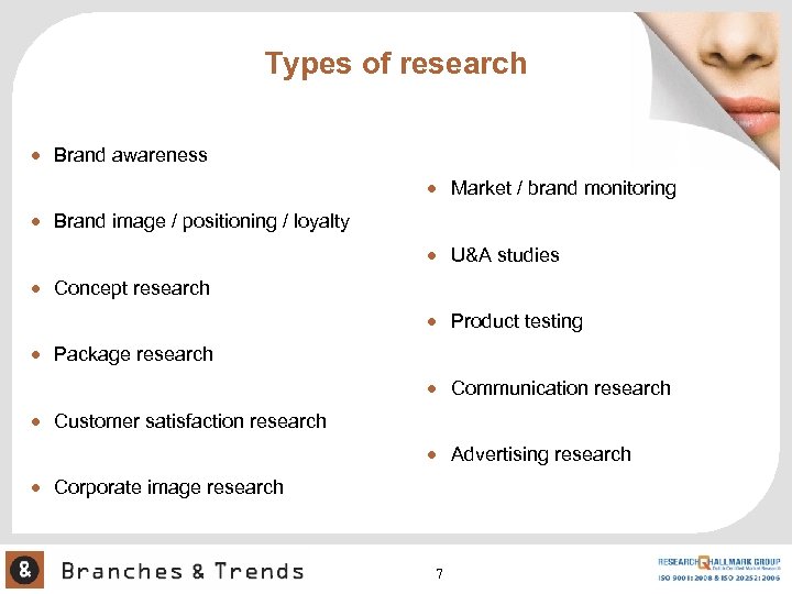 Types of research Brand awareness Market / brand monitoring Brand image / positioning /