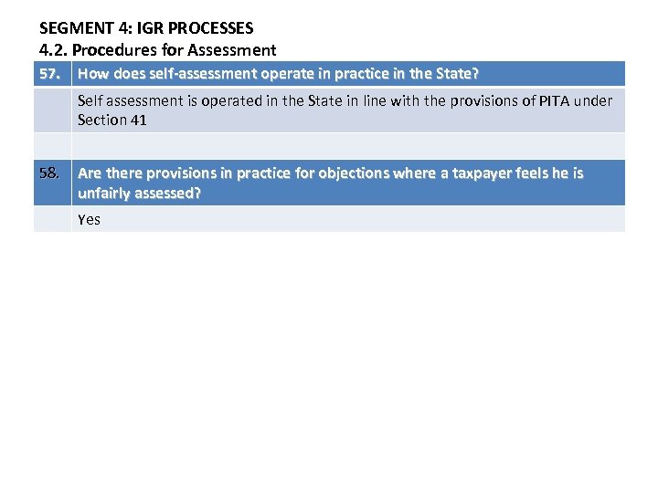 SEGMENT 4: IGR PROCESSES 4. 2. Procedures for Assessment 57. How does self-assessment operate