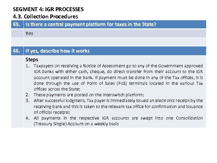 SEGMENT 4: IGR PROCESSES 4. 3. Collection Procedures 65. Is there a central payment