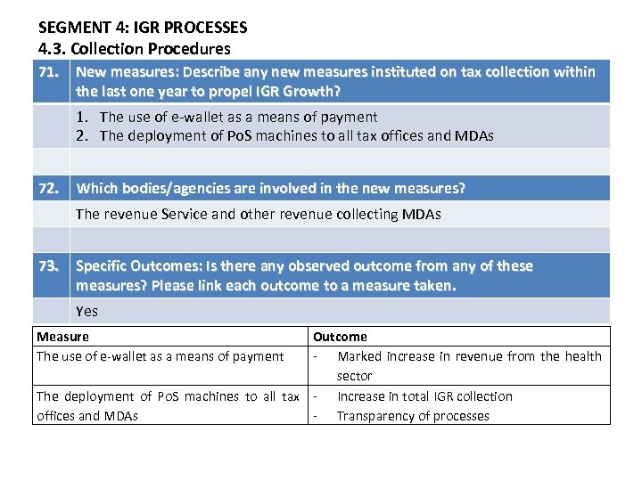 SEGMENT 4: IGR PROCESSES 4. 3. Collection Procedures 71. New measures: Describe any new