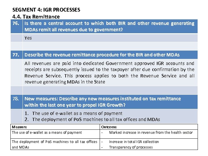 SEGMENT 4: IGR PROCESSES 4. 4. Tax Remittance 76. Is there a central account