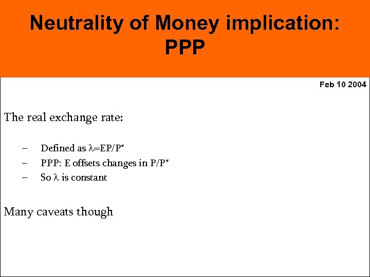 Neutrality of Money implication: PPP Feb 10 2004 The real exchange rate: – –