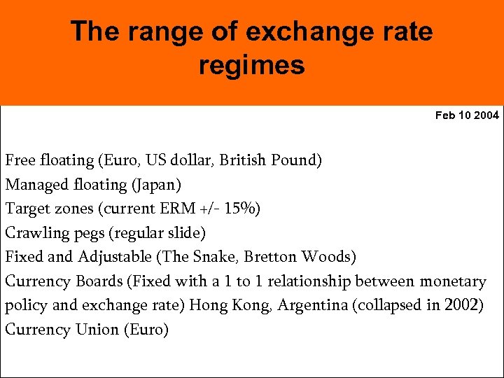 The range of exchange rate regimes Feb 10 2004 Free floating (Euro, US dollar,