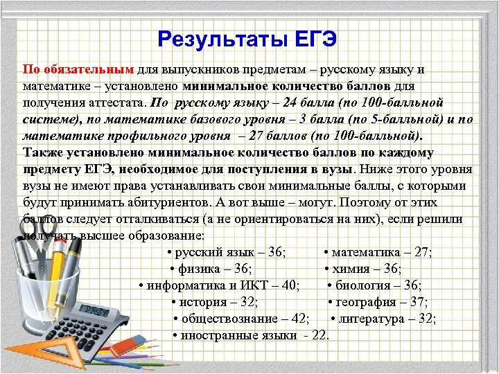 Результаты ЕГЭ По обязательным для выпускников предметам – русскому языку и математике – установлено