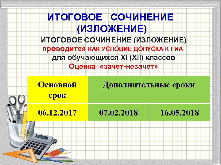 ИТОГОВОЕ СОЧИНЕНИЕ (ИЗЛОЖЕНИЕ) ИТОГОВОЕ СОЧИНЕНИЕ (ИЗЛОЖЕНИЕ) проводится КАК УСЛОВИЕ ДОПУСКА К ГИА для обучающихся