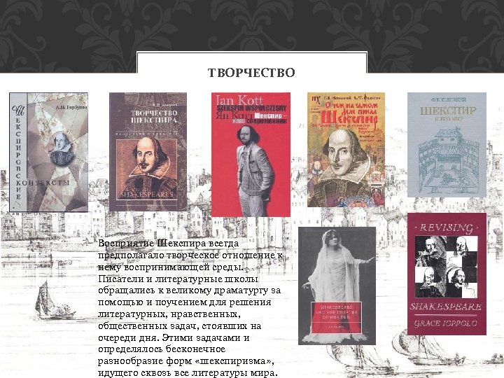 ТВОРЧЕСТВО Восприятие Шекспира всегда предполагало творческое отношение к нему воспринимающей среды. Писатели и литературные