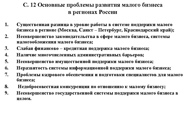 С. 12 Основные проблемы развития малого бизнеса в регионах России 1. 2. 3. 4.
