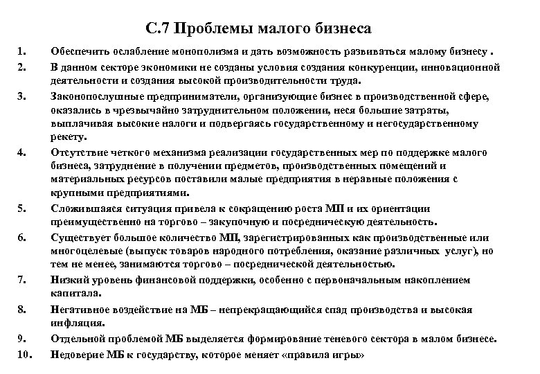 С. 7 Проблемы малого бизнеса 1. 2. 3. 4. 5. 6. 7. 8. 9.
