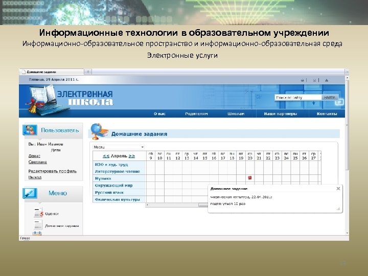 Информационные технологии в образовательном учреждении Информационно-образовательное пространство и информационно-образовательная среда Электронные услуги 13 