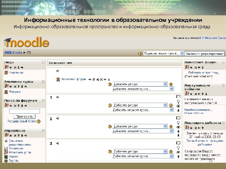 Информационные технологии в образовательном учреждении Информационно-образовательное пространство и информационно-образовательная среда 14 