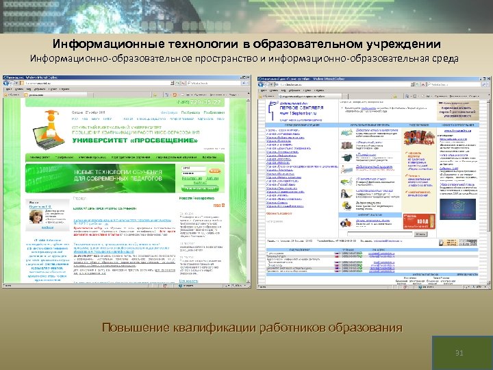 Информационные технологии в образовательном учреждении Информационно-образовательное пространство и информационно-образовательная среда Повышение квалификации работников образования