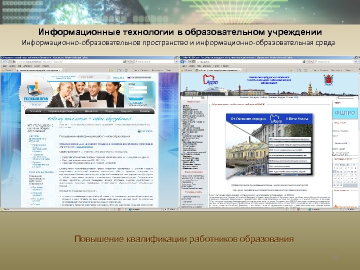 Информационные технологии в образовательном учреждении Информационно-образовательное пространство и информационно-образовательная среда Повышение квалификации работников образования