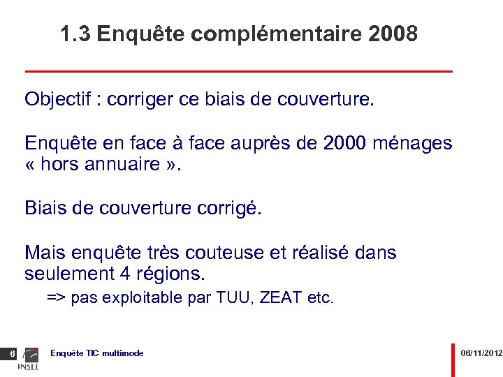 1. 3 Enquête complémentaire 2008 Objectif : corriger ce biais de couverture. Enquête en