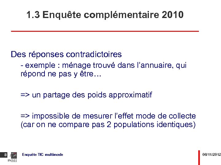 1. 3 Enquête complémentaire 2010 Des réponses contradictoires - exemple : ménage trouvé dans