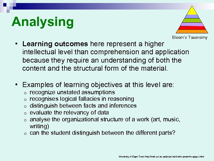 Analysing Bloom’s Taxonomy • Learning outcomes here represent a higher intellectual level than comprehension