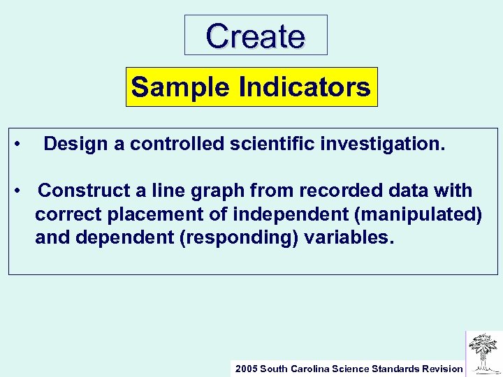 Create Sample Indicators • Design a controlled scientific investigation. • Construct a line graph