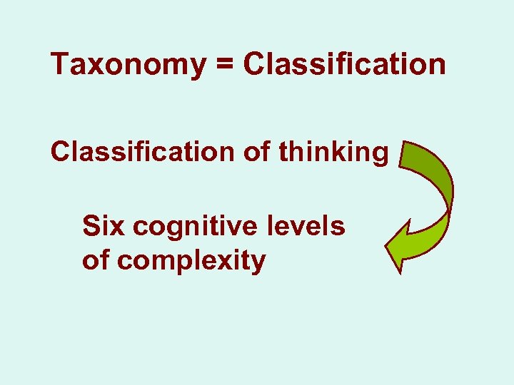 Taxonomy = Classification of thinking Six cognitive levels of complexity 