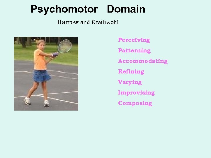 Psychomotor Domain Harrow and Krathwohl Perceiving Patterning Accommodating Refining Varying Improvising Composing Bressan’s adaptations