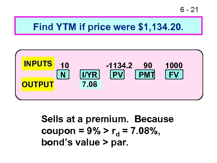 6 - 21 Find YTM if price were $1, 134. 20. INPUTS OUTPUT 10