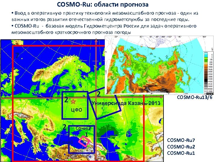 COSMO-Ru: области прогноза • Ввод в оперативную практику технологий мезомасштабного прогноза ‐ один из