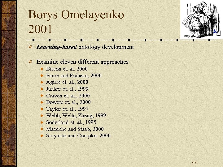 Borys Omelayenko 2001 Learning-based ontology development Examine eleven different approaches Bisson et. al. 2000