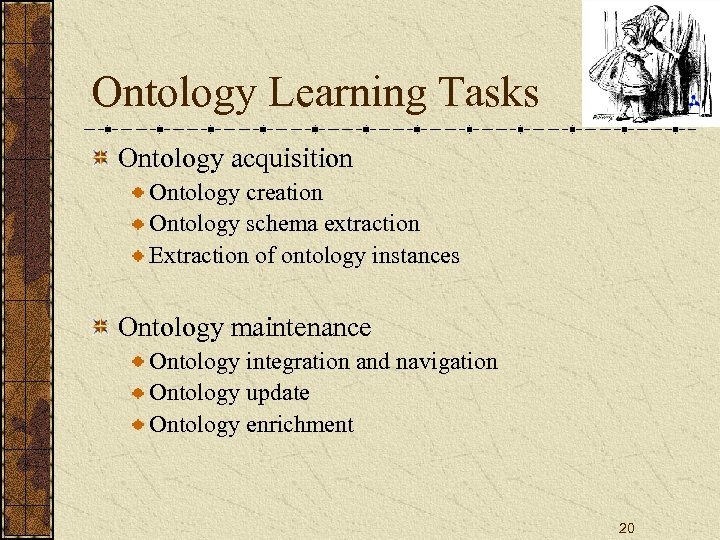 Ontology Learning Tasks Ontology acquisition Ontology creation Ontology schema extraction Extraction of ontology instances