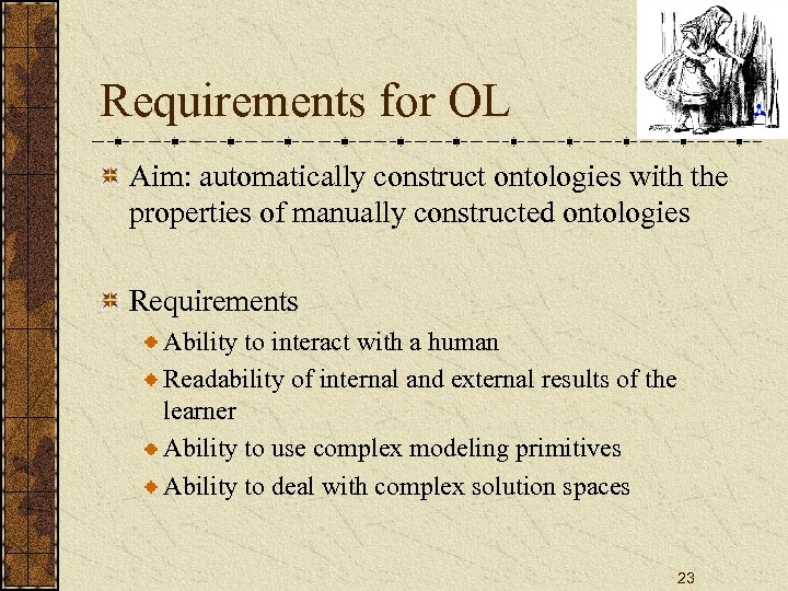 Requirements for OL Aim: automatically construct ontologies with the properties of manually constructed ontologies
