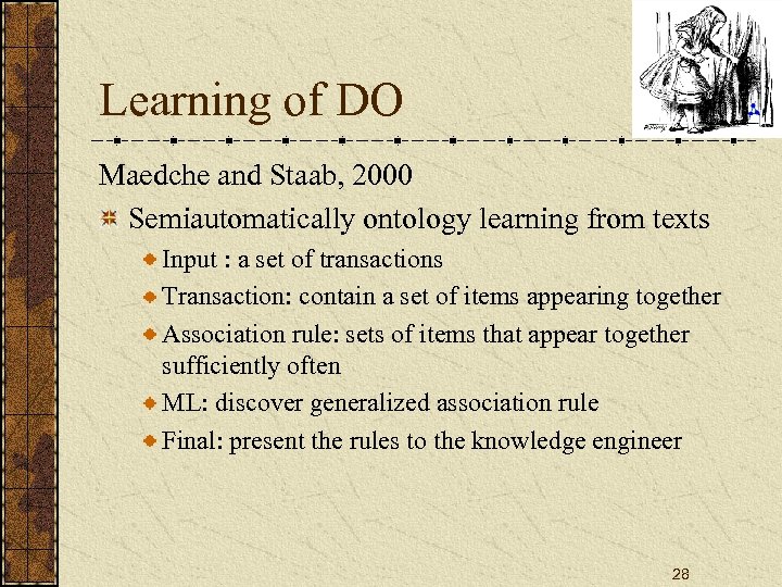 Learning of DO Maedche and Staab, 2000 Semiautomatically ontology learning from texts Input :