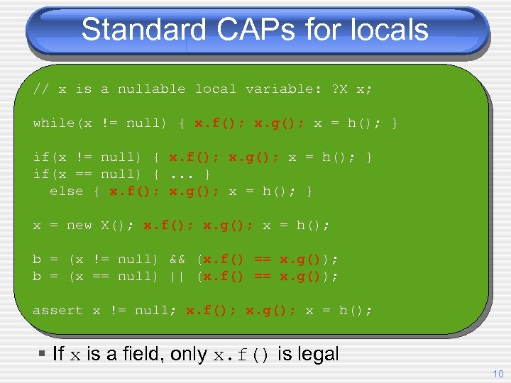 Standard CAPs for locals // x is a nullable local variable: ? X x;