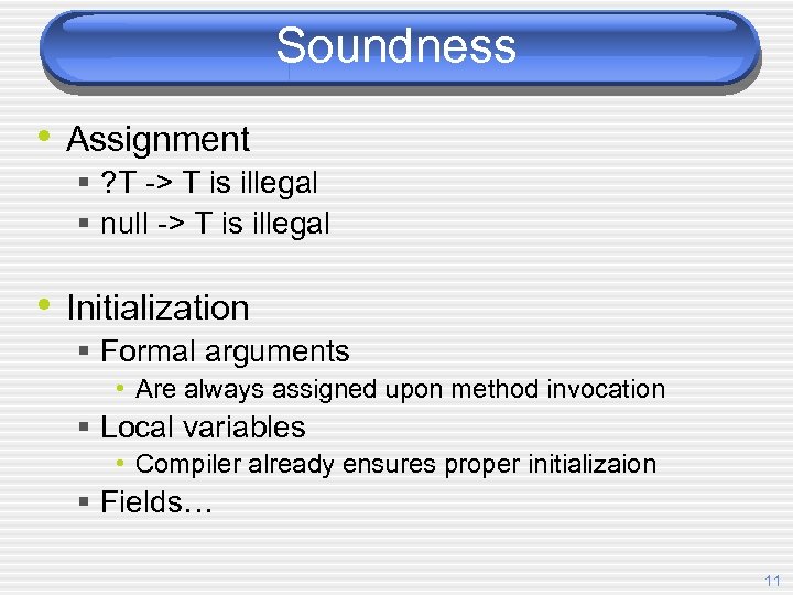 Soundness • Assignment § ? T -> T is illegal § null -> T