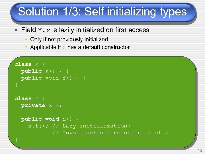 Solution 1/3: Self initializing types § Field Y. x is lazily initialized on first