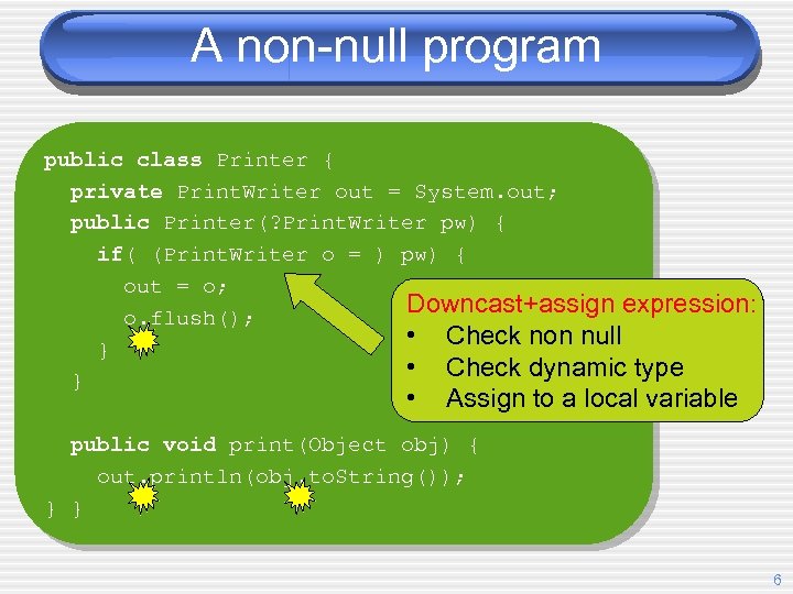 A non-null program public class Printer { private Print. Writer out = System. out;