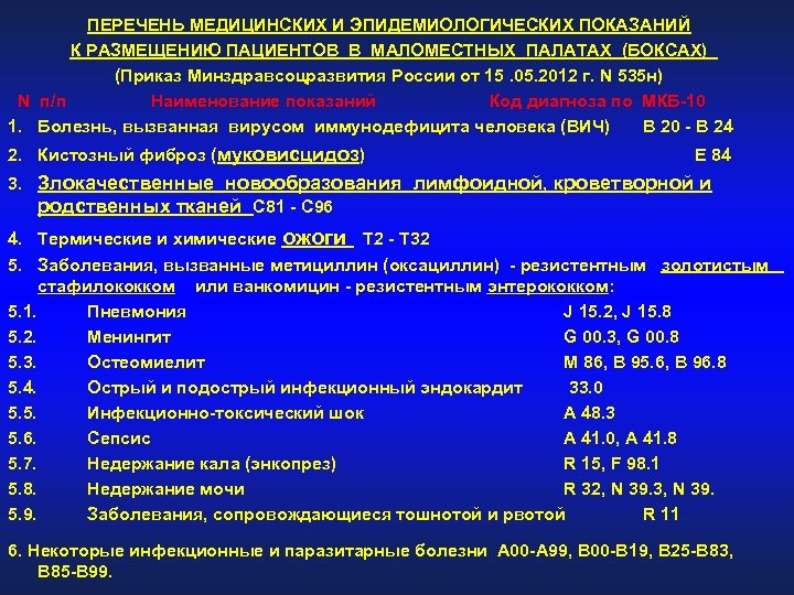ПЕРЕЧЕНЬ МЕДИЦИНСКИХ И ЭПИДЕМИОЛОГИЧЕСКИХ ПОКАЗАНИЙ К РАЗМЕЩЕНИЮ ПАЦИЕНТОВ В МАЛОМЕСТНЫХ ПАЛАТАХ (БОКСАХ) (Приказ Минздравсоцразвития